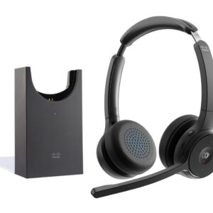 Cisco Ess Dual On-Ear Bluetooth  Headphones, Webex Button,  Usb-A Hd Bluetooth Adapter, Soft Case, Charging Stand, Carbon Black, 1-Year